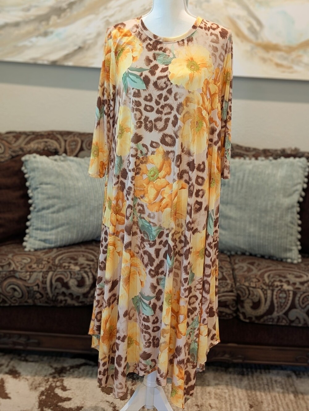 Yellow Floral & Leopard Print Handkerchief Dress